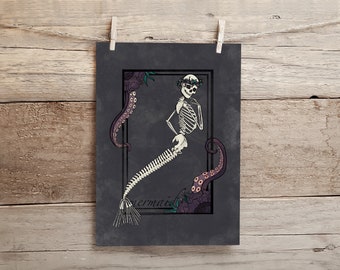Skeleton Mermaid Dark Background Art Print
