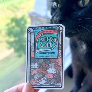 Pegatina de antidepresivos de gatito: divertida calcomanía de vinilo con gatos en una caja de mentas para la salud mental.