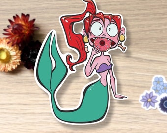 Funny Donut Loving Mermaid, Large Waterproof Sticker