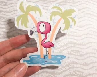 Flamingo With Palm Trees - Single Sticker - Waterproof Vinyl