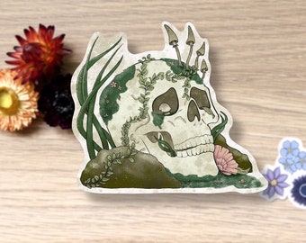 Skull Covered in Moss and Fungi, Single Die-Cut Sticker in Waterproof Vinyl