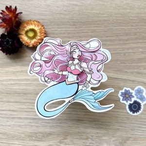 Sirena rosa pálido y verde azulado, pegatina impermeable grande