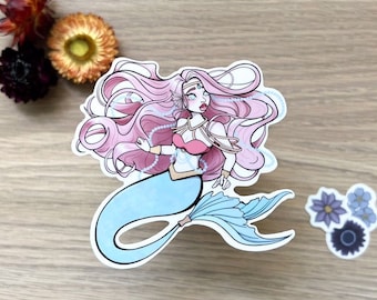 Sirena rosa pálido y verde azulado, pegatina impermeable grande