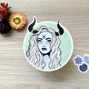 Taurus Zodiac Woman in Green and Gold With Bull Horns, Single Sticker, Waterproof, Vinyl