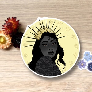 Leo Zodiac Black Woman in Yellow, Single Sticker, Waterproof, Vinyl