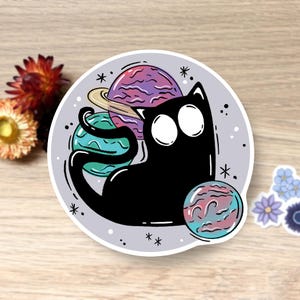 Black Cat With Planets Waterproof Die-Cut Vinyl Sticker