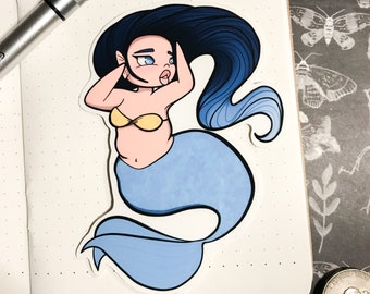Blue and yellow mermaid, Large Waterproof Sticker