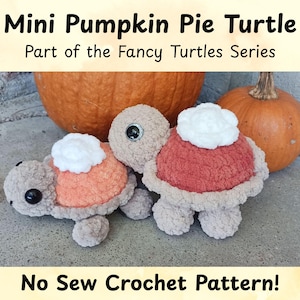 May include: Two plush turtle toys, designed to resemble mini pumpkin pies, with tan bodies, orange and red shells, and white whipped cream accents. The text "Mini Pumpkin Pie Turtle" and "No Sew Crochet Pattern!" are visible.