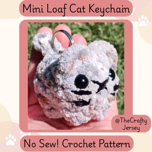May include: A gray and tan crochet cat keychain with black eyes and whiskers. The keychain is round and fluffy, with a silver metal ring. Text on the image reads "Mini Loaf Cat Keychain" and "No Sew! Crochet Pattern".