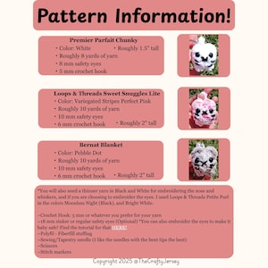 May include: A pink background displays crochet pattern information. The text includes details for Premier Parfait Chunky, Loops & Threads Sweet Snuggles Lite, and Bernat Blanket. Each pattern lists yarn color, yarn amount, safety eye size, and crochet hook size. The Premier Parfait Chunky is roughly 1.5 inches tall.
