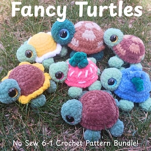 May include: A collection of handmade crochet turtles in various colors, including yellow, pink, blue, and brown. The turtles have large, expressive eyes and are arranged on a bed of green grass. The text "Fancy Turtles" and "No Sew 6-1 Crochet Pattern Bundle!" are displayed.