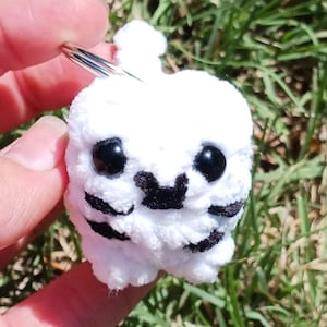 May include: A white, crocheted keychain featuring a small, round creature with black eyes and black markings. The plush toy has a fluffy texture and is held against a backdrop of green grass.
