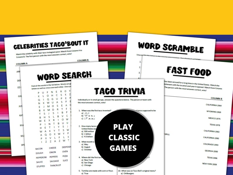Taco Party Games Pack Fiesta Party Games Taco Tuesday Games Kid and