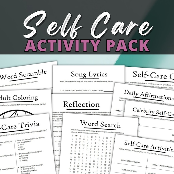 Self Care Activity Pack | Self Care Trivia | Self Care Bingo | Printable Self Care Games | Self love, self care, positive affirmations