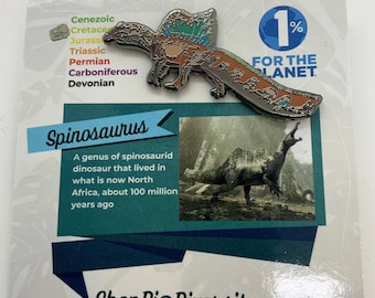 Spinosaurus Enamel Pin - Dinosaur Lover's Gift, Majestic Fossil Art, Prehistoric Animal Pin, Black Nickel Base, Eco-Friendly Donation