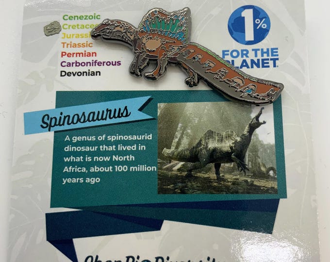 Spinosaurus Enamel Pin - Dinosaur Lover's Gift, Majestic Fossil Art, Prehistoric Animal Pin, Black Nickel Base, Eco-Friendly Donation