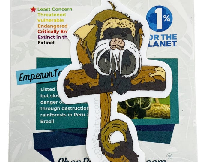 Emperor Tamarin Vinyl Sticker - Wildlife Lover Gift, Nature Art, Rainforest Conservation, Eco-Friendly, 1% for the Planet, Durable Sticker