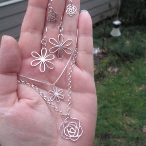 Sterling Silver Rose or Daisy Earrings and Necklace