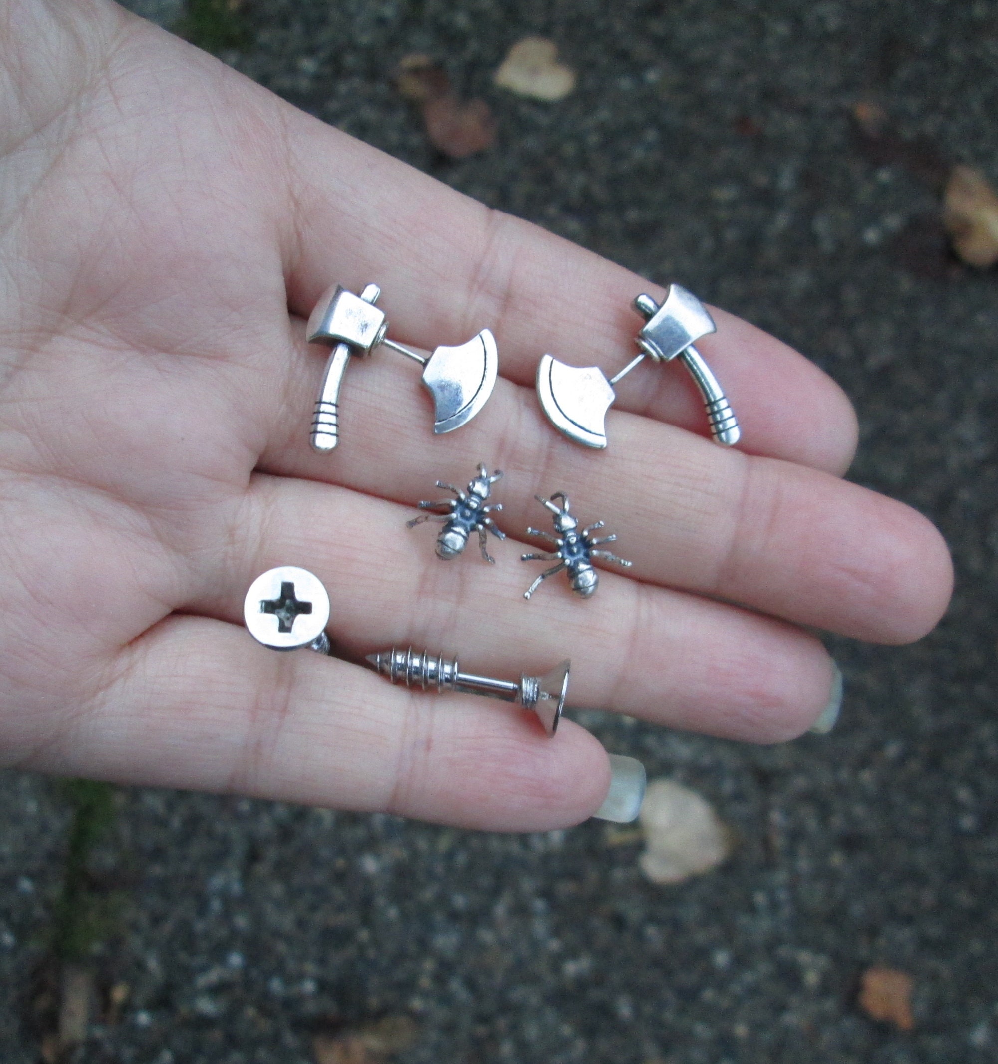 Sterling Silver Axe, Ant or Stainless Steel Screw Stud Earrings
