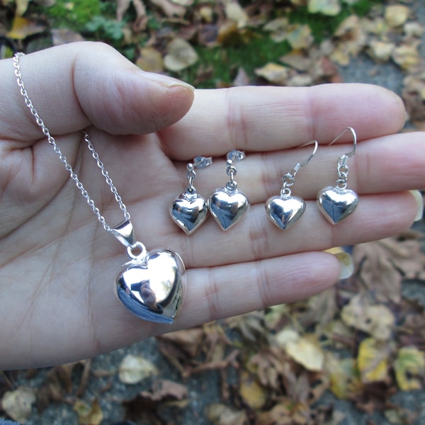 Sterling Silver Puffed Heart Necklace or Earrings