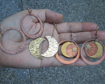 Pendientes de luna y estrella de cobre y latón, pendientes de la luna de latón o pendientes de aro de cobre