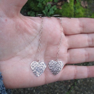 Sterling Silver Long Dangle Heart Earrings