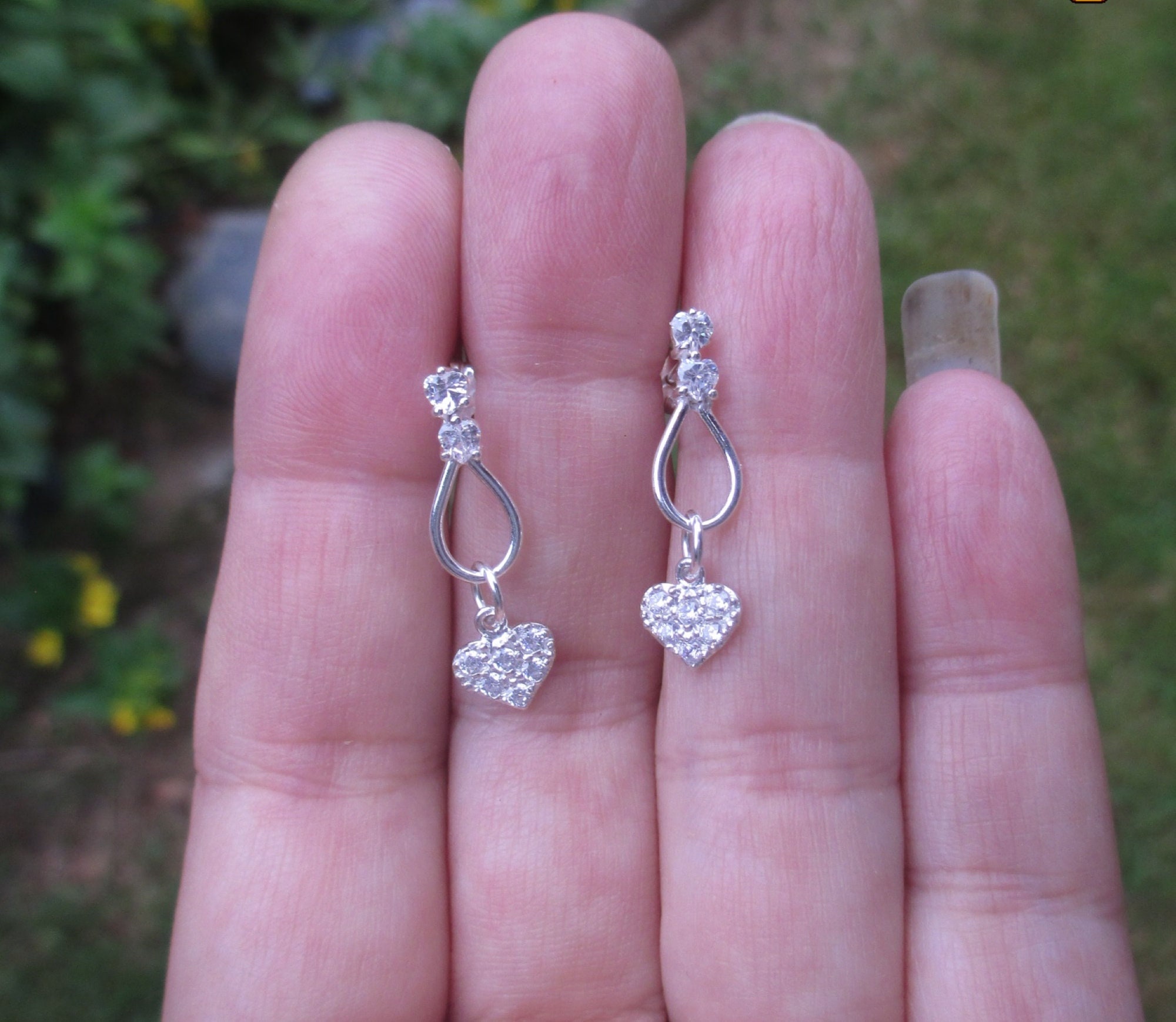 thumbnail interactive-video image 1 of Old English Jewellers 9ct Gold On Silver Simulated Sapphire & CZ Heart Drop Huggie Earrings 1 of 6
