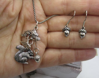 Sterling Silver Squirrel Necklace or Acorn Earrings