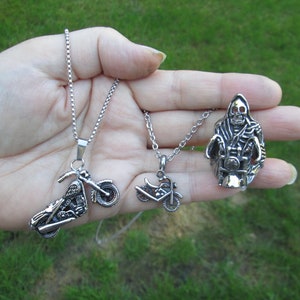 Stainless Steel Motorcycle Skull Ring, Necklace or small Motorcycle Necklace