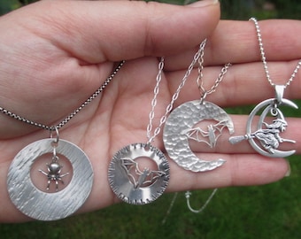 Sterling Silber Halskette, Spinne, Fledermaus oder Hexe