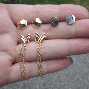 Gold Filled Double V Post Chain Earrings,Hammered Dome Earrings, or Sun and Moon Earrings