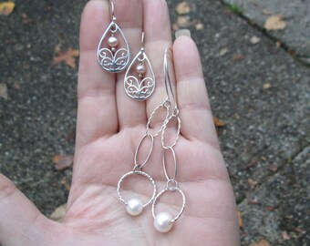 Sterling Silver Pearl and Chain Dangle Earrings