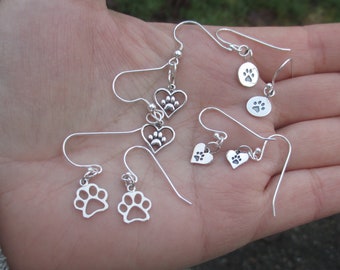 Sterling Silver Heart Paw Print Earrings