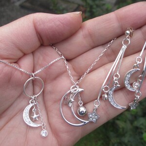 Sterling Silver Moon and Star Necklace and Earrings