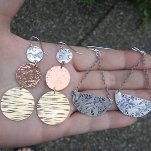Sterling Half Disc or Mixed Metal 3 Tiered Earrings-Sterling silver, Copper and Brass