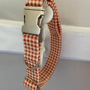 Può includere: Un collare per cani in gingham marrone e bianco con una fibbia e un anello a D argentati.