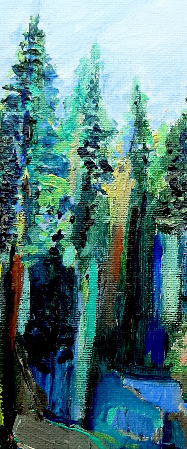 May include: Abstract painting depicting a forest scene with tall, slender trees in shades of green, blue, and brown. The trees are painted with thick brushstrokes, creating a textured effect.