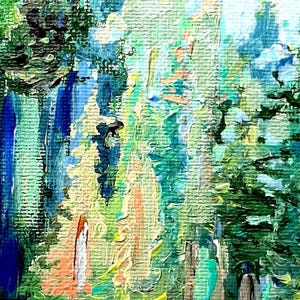 May include: Abstract painting of a woodland scene with green, blue and yellow brushstrokes. The painting has a textured look and feel.