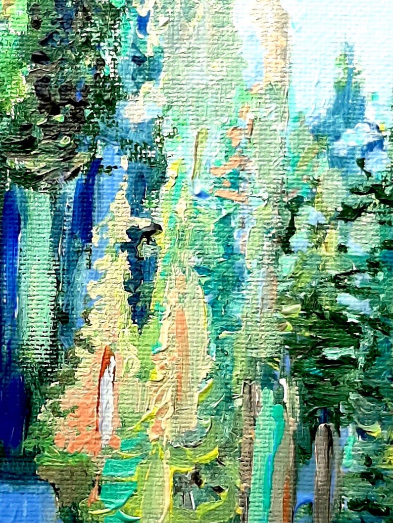 May include: Abstract painting of a woodland scene with green, blue and yellow brushstrokes. The painting has a textured look and feel.