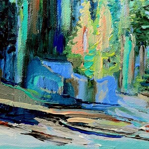 May include: Abstract painting of a woodland scene with tall trees in shades of blue, green, and yellow. The painting has a textured brushstroke style and a light blue background.