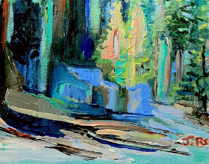 May include: Abstract painting of a woodland scene with tall trees in shades of blue, green, and yellow. The painting has a textured brushstroke style and a light blue background.