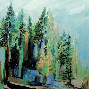 May include: A painting depicting a forest scene with tall, green trees in the foreground and a light blue sky in the background. The trees are painted in a loose, impressionistic style, with visible brushstrokes.
