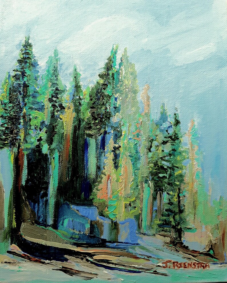 May include: A painting depicting a forest scene with tall, green trees in the foreground and a light blue sky in the background. The trees are painted in a loose, impressionistic style, with visible brushstrokes.