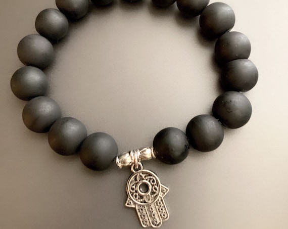 Matte Black & Silver Hamsa Beaded Bracelet
