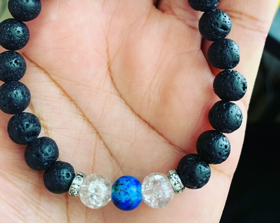 Lava Stone & Silver Hamsa Beaded Bracelet