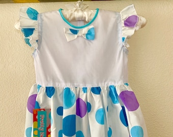 White retro blue and purple polka dots girls dress, 3-4T.