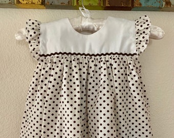 White And Brown Polka Dots Retro Girls Dress, 3T