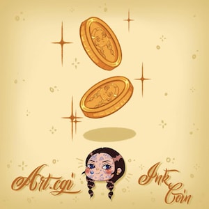 May include: Illustration of two gold coins with a girl's face, falling from the top. Below the coins is a cartoon girl's face with tattoos. The words "Art.cgi" and "Ink Coin" are written in a decorative font.