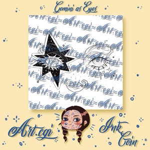 May include: A digital art print featuring a stylized eye within a star and a detailed eye drawing, with the text "Gemini as Eyes." The artwork includes the text "Art.cgi" and "Ink Coin" in a decorative font, set against a light yellow background.