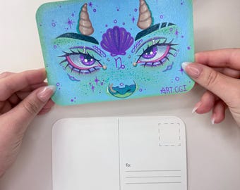 Capricorno come occhi/Cartolina dipinta a mano - Arte da collezione